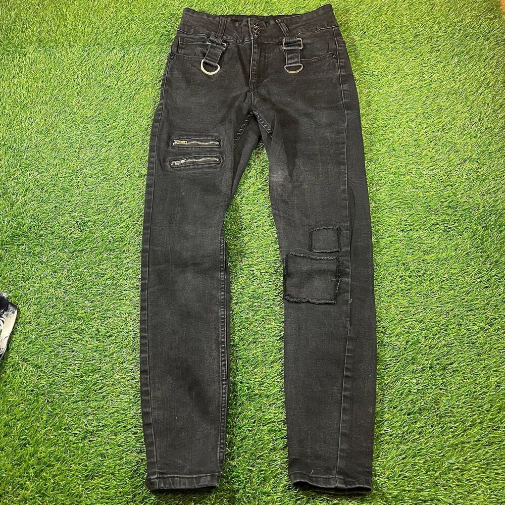 HT Denim Black Washed Distressed Skinny Jeans with D-Rings and Zippers
